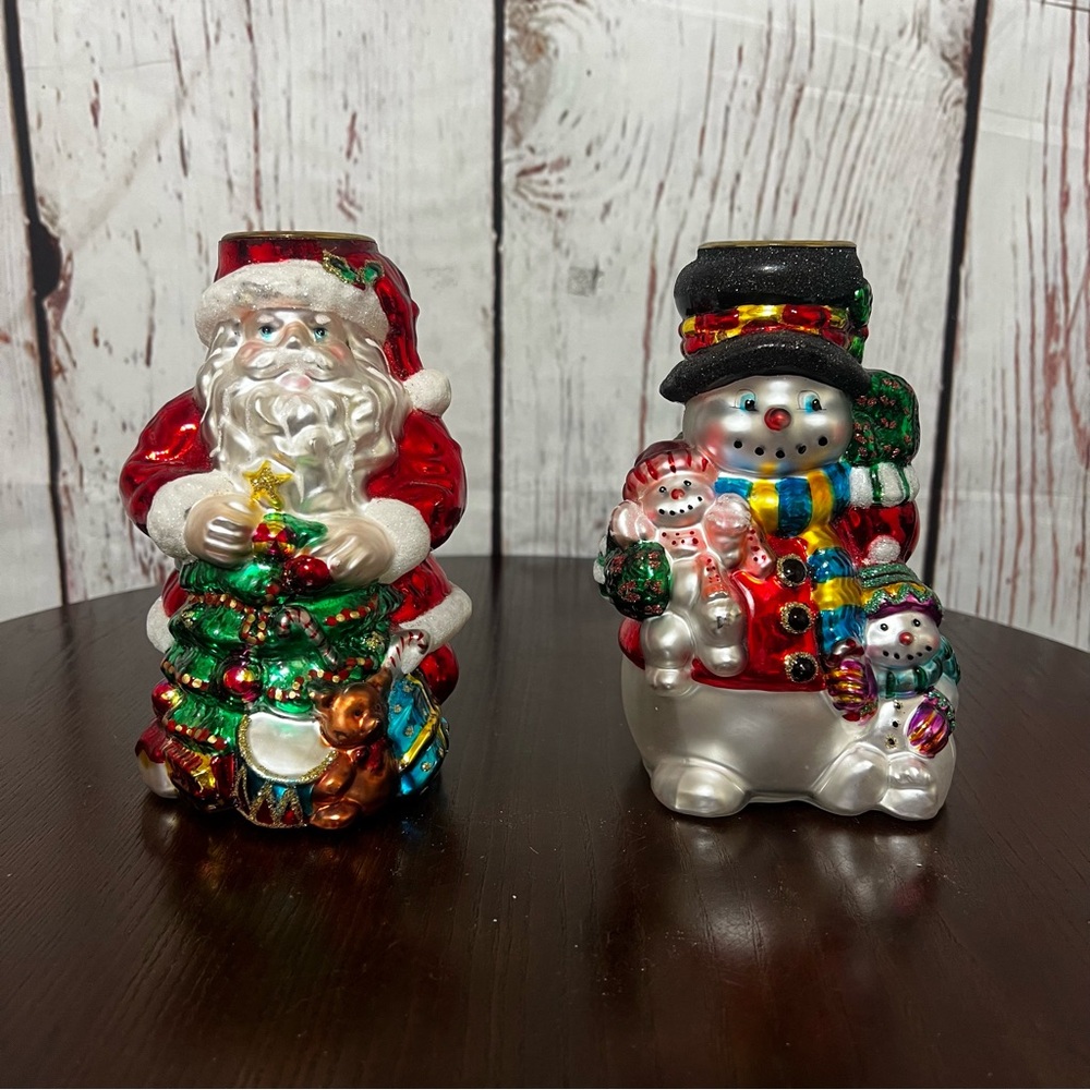Festive Santa and Snowman Holiday Glass Figurines Tea Light Candle Holders